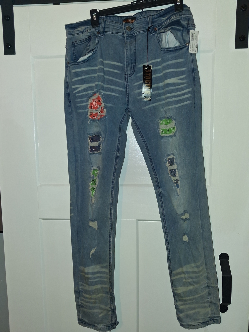 GS-115 Relaxed Fit Light Blue Distressed Men’s Jeans with Patchwork BNWT